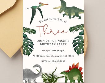 Young Wild and Three Dinosaur Birthday Invitation Template | Dinosaur 3rd Birthday Invite | Editable Dino Party Invitation | Printable