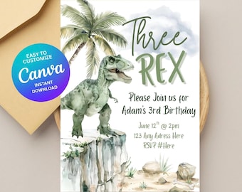 Three Rex Birthday Invitation | Dinosaur 3rd Birthday Invite | Editable Canva Template | Dinosaur Party Invitation | Three Rex Party