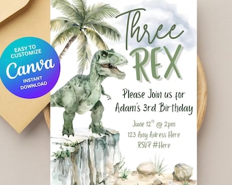 Drei Rex-Geburtstagseinladung | Dinosaurier 3. Geburtstag einladen | Bearbeitbare Canva Vorlage | Dinosaurier Party Einladung | Drei Rex Party