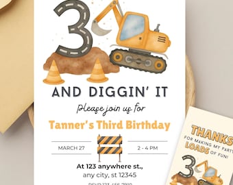 "Three and Diggin It ""Tree and Diggin It"" Partyeinladung zum Kindergeburtstag mit Bagger Thema, 13x18, Kindergeburtstag, 13 x 18 cm, Kindergeburtstag."