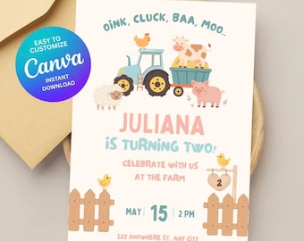 Farm Birthday Invitation Template, Barnyard Birthday Invite, Farm Animals Birthday Party, Tractor Birthday Invitation, Editable Canva Invite