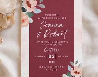 Boho Maroon Floral Wedding Invitation – Editable Canva Template, Romantic Watercolor Invite, Instant Download 5×7 PDF Printable