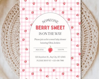 Strawberry Baby Shower Invitation Template, Berry Sweet Baby Shower Invite, Strawberry Invite, Girl Baby Shower, Editable Template
