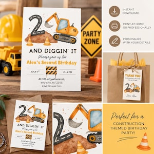 May include: A construction-themed birthday invitation and gift tag set featuring a watercolor excavator, a number two shaped like a road, and orange traffic cones. The text includes 'AND DIGGIN' IT', 'Alex's Second Birthday', and party details.