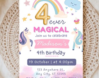 Unicorn 4th Birthday Invitation Template, Magical Unicorn Party Invite, Editable Canva Template, Four Ever Magical, Girls Fourth Birthday