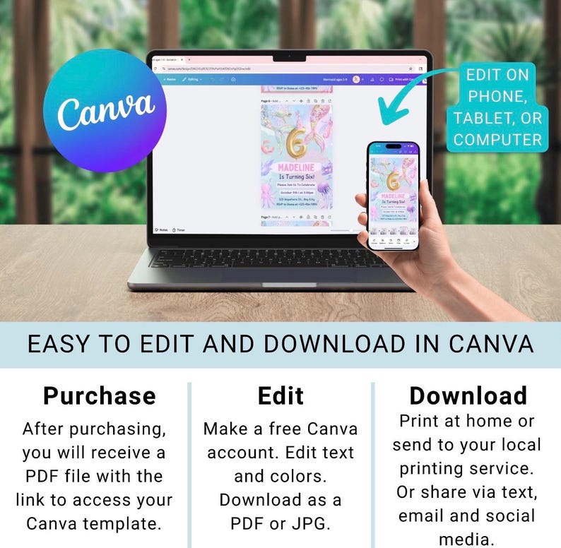 May include: A laptop and a smartphone displaying a customizable Canva birthday invitation template featuring a mermaid theme with the text Madeline Is Turning Six. The graphic includes instructions for editing and downloading the digital file.