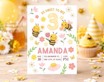 Modello di invito per il terzo compleanno di un'ape, invito così dolce per il terzo compleanno di un'ape, invito per la festa di compleanno di un'ape per bambine, modello Canva modificabile, terzo compleanno