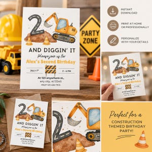 Two and Diggin It Construction Truck Party Invitation with Thank You Tags, 5x7 PDF Download, Boys 2nd Birthday, Excavator Theme