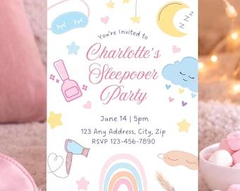 Sleepover Party Invitation Template, Girls Slumber Party Invite, Pajama Party Invite, Spa Sleepover Birthday Invite, Editable Canva Template