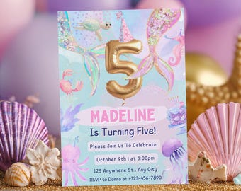 Mermaid Birthday Invitation Template, Under the Sea Birthday Invite, Mermaid Party Invite, Editable Invite, Girls Ocean Birthday Party