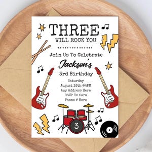 Rockstar "Three Will Rock You" inbjudningsset | Gitarrtema 3-årsdag | Redigerbar Canvas-mall + tacketiketter digital nedladdning