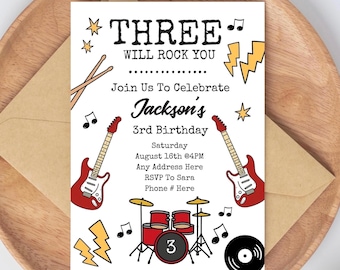 Rockstar “Three Will Rock You” Invitation Set | Guitar Theme 3rd Birthday | Editable Canva Template + Thank You Tags Digital Download