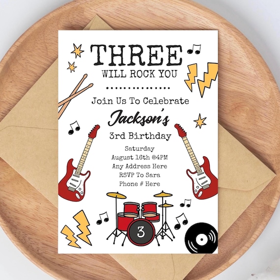 Rockstar “Three Will Rock You” Invitation Set | Guitar Theme 3rd Birthday | Editable Canva Template + Thank You Tags Digital Download
