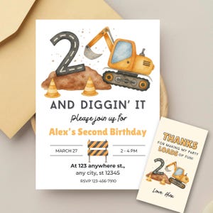 Two and Diggin It Construction Truck Party Invitation with Thank You Tags, 5x7 PDF Download, Boys 2nd Birthday, Excavator Theme