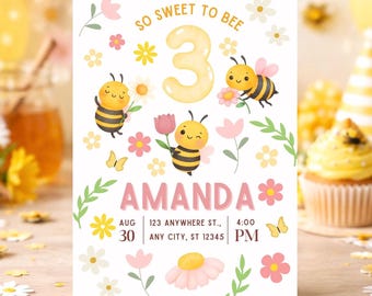 Bees So Sweet To Bee Three Invite, Birthday Invitation Template, Girls Bumble Bee 3rd Birthday Party Invite, Editable Canva Template