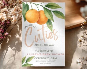 Two Little Cuties Baby Shower Invitation Template, Twin Baby Shower Invite, Citrus Orange Baby Shower, Editable Instant Download