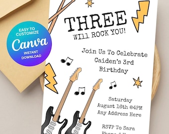 Può includere: Un biglietto d'invito per compleanno bianco con chitarre elettriche nere, bacchette, note musicali e fulmini gialli. Il testo recita: THREE WILL ROCK YOU! Join Us To Celebrate Caiden's 3rd Birthday, Saturday August 16th @4PM, Any Address Here, RSVP To Sara, Phone # Here.