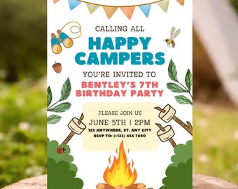 Camping Birthday Invitation Template, Happy Camper Birthday Invite, Campfire Party Invitation, Outdoor Camping Party, Nature Theme Party