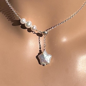 Star Pearl Natural Freshwater Pearl Lariat Necklace / Dangle Adjustable / 10 or 12 mm Solitaire Single Star Pearl / Sterling Silver