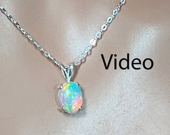 Sterling Silver Ethiopian Opal Necklace Opal Gemstone Necklace One of a Kind Oval Opal Pendant BS19-0119H Sparkly Cable Chain