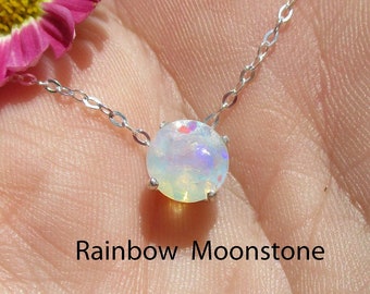 Rainbow Moonstone Gems Necklace /Neon Baby Blue, Pink, Pastel Green, Yellow / June Birthstone Multi Color / 7 mm Natural Rainbow Moonstone