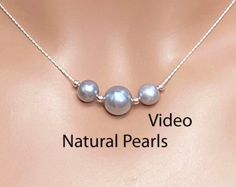 Natural Grey Freshwater Pearls / 3 or 5 Pearls / Slightly Irregular Round / Thick Nacre 5.5 to 6 mm and 8 to 8.5 mm / .925 Sterling Silver