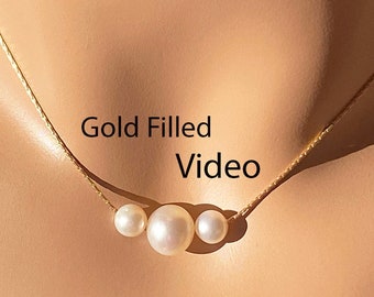 Gold Freshwater Pearl Necklace / 14K Gold Filled Beading Chain / 3 AAAA 5 to 6 & 7.5 to 8 mm Natural Freshwater Pearl Necklace/ Blemish Free