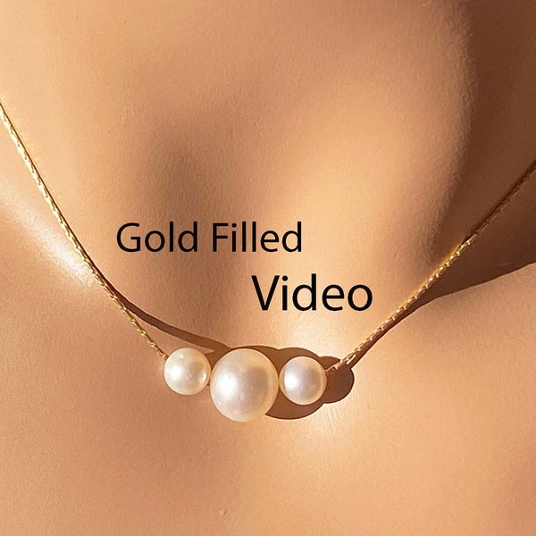 Gold Freshwater Pearl Necklace / 14K Gold Filled Beading Chain / 3 AAAA 5 to 6 & 7.5 to 8 mm Natural Freshwater Pearl Necklace/ Blemish Free