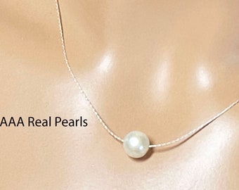 AAAA Single Freshwater Pearl Necklace / Fine Beading .925 Sterling Silver or Gold Filled / Classic AAAA 8 mm Round Real Pearl / Color Choice