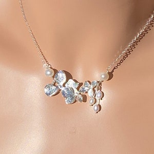 Natural Freshwater Pearl Flower Necklace/ Sterling Silver / Pearls and 3 Flowers / Sterling Silver /Real Pearls / Bridesmaid Gift