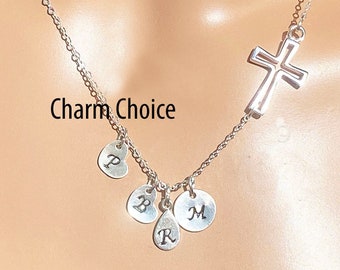 Sideways Cross Shape Choice 1 to 4 Letter Charms Necklace/ Sterling Silver Initials Personalized Necklace / Sterling Silver Sideways Cross