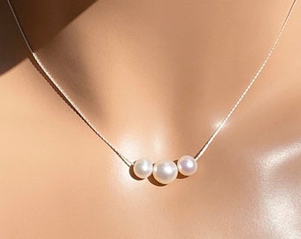 AAAA 3 Freshwater Pearl Necklace, .925 Sterling Silver,  AAAA 5 to 6 mm & 7.5 to 8 mm Natural Freshwater Pearl Necklace/ Blemish Free Pearl