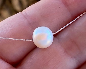 Large Freshwater Pearl & Solid Sterling Chain Necklace/ Blemish Free Single Large AAAA 9mm White or Color Choice / Wedding Bridesmaid Gift