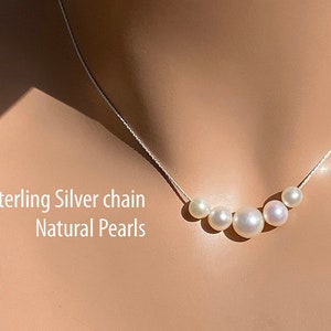 Genuine 5 Freshwater Pearl Necklace/ Blemish Free 5 AAAA Natural Freshwater Pearls / Floating Pearl Sterling Silver or Gold Filled