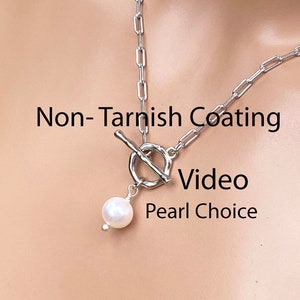 AAA+ Freshwater Pearl Paperclip Chain Toggle Necklace/ Sterling Silver Coated for Non-Tarnish/ Natural Freshwater Pearl, Size & Color Choice