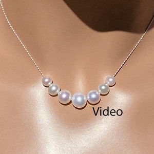 7 Freshwater Pearl Necklace/ Solid Sterling Silver/ 7 AAA+ White Pearls Necklace, Floating Pearl Fine Solid Sterling Silver Necklace / Bride