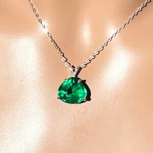 Dark Flawless Emerald Necklace / Sterling Silver / Wide Pear Dangle 3/4 inch 9 to 10 Ct 11 to 12mm VVS Emerald Lab Grown/ May August gem
