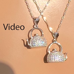 Fancy Teapot Necklace / Chain Choice Sterling Silver / Sterling Teapot Pave CZ / Tea Kettle / Tea Pitcher / Tea Party Favor / Dangle 1 Inch