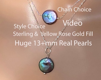 Peacock Freshwater Pearl Necklace/Solitaire Large 13 to 16mm Pearl Dark Blue, Purple, Green, Pink,/Sterling Silver, Yellow or Rose Gold