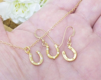 Set Gold Filled Horseshoe Earring and/or Necklace / CZ Sparkle  / 14K Gold Filled chain & Findings / Horseshoe Lover /Country Barn Wedding