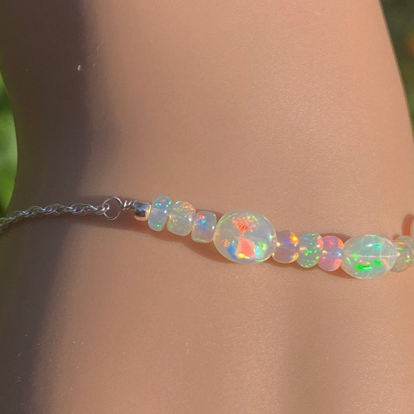 Ethiopian Fire Opal Chain Bracelet/Sterling Silver, Yellow or Rose Gold Filled/6x4 to 8x5 mm AAA+ Natural Ethiopian Opal/October Birthstone