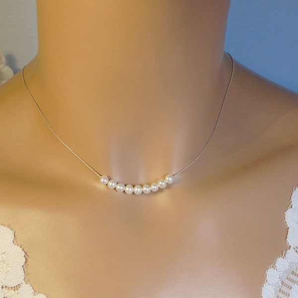 Tiny Floating Pearls Necklace, Pearl Number Choice, 4mm Round White Freshwater Pearl & Fine Sterling Silver Chain, Bridesmaid Pearl Necklace