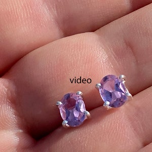 Alexandrite Stud Earrings/ June / Sterling Silver/ Each 1.30 Ct 7 x 5 mm Color Changing Lab Grown Oval Alexandrite / Purple / Blue