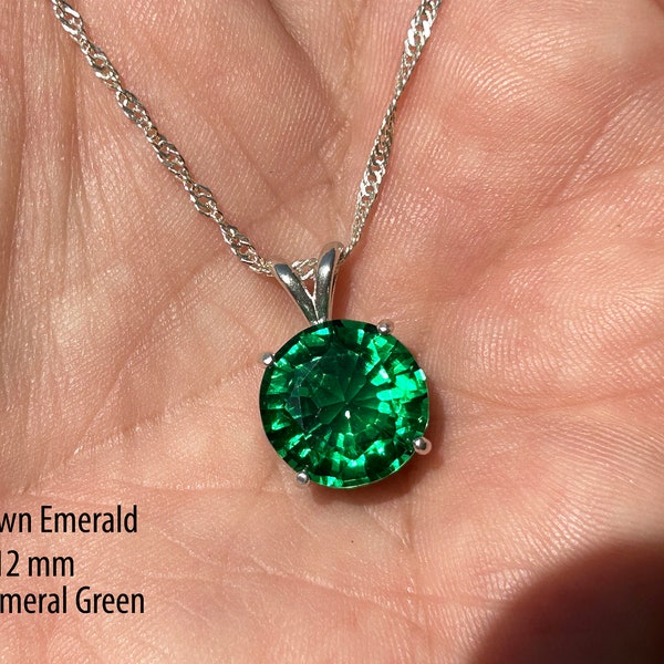Hand Cut Emerald Necklace / Sterling Silver / Lab Grown 1.30 to 10 Carat 7 mm Round Emerald / May / Flawless