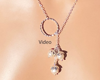 Lily of the Valley Lariat / Sterling Silver or Gold Filled / Eternity Circle / Pearl Color Choice / Lily of the Valley Earrings