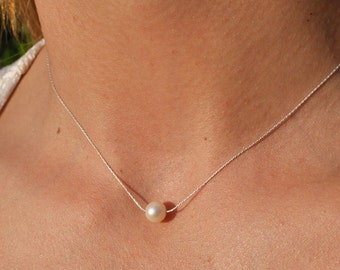 Solitaire Freshwater Pearl Floating Pearl Necklace/ Sliding Pearl on Sterling Silver, Gold Filled/ AAA+ 4mm 5mm 6mm Pearl / Style 2