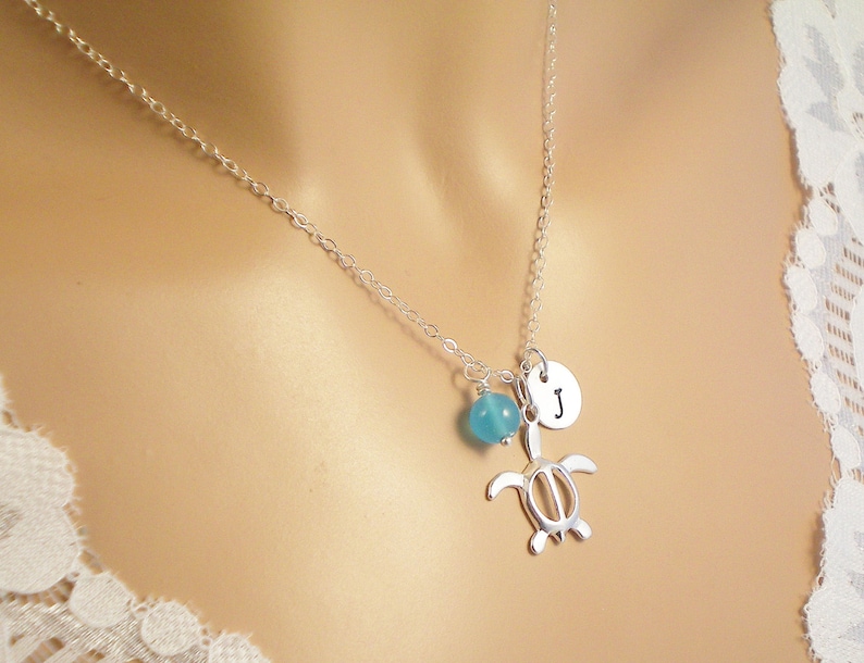Sea Turtle Sterling Silver Necklace Gem or Pearl Choice Personalize Birthstone Gems Beach Wedding Ocean Charm Necklace