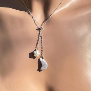 Star Pearl Natural Freshwater Pearl Lariat Necklace / Dangle Adjustable / 10 or 12 mm Solitaire Single Star Pearl / Sterling Silver