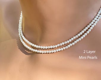 Collar de perlas blancas de concha de 2 capas / Perlas de concha redondas perfectas / Perla de 3 mm / Plata de ley / Baño de oro amarillo o rosa