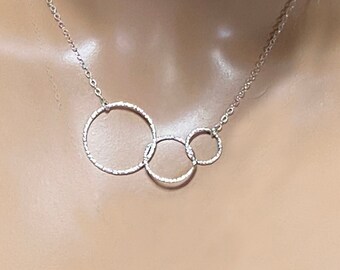 Sterling Silver 3 Circle Necklace, 3-D Interlocking Infinity Circles Necklace, Eternity Necklace, Inseparable Circles Textured or Smooth